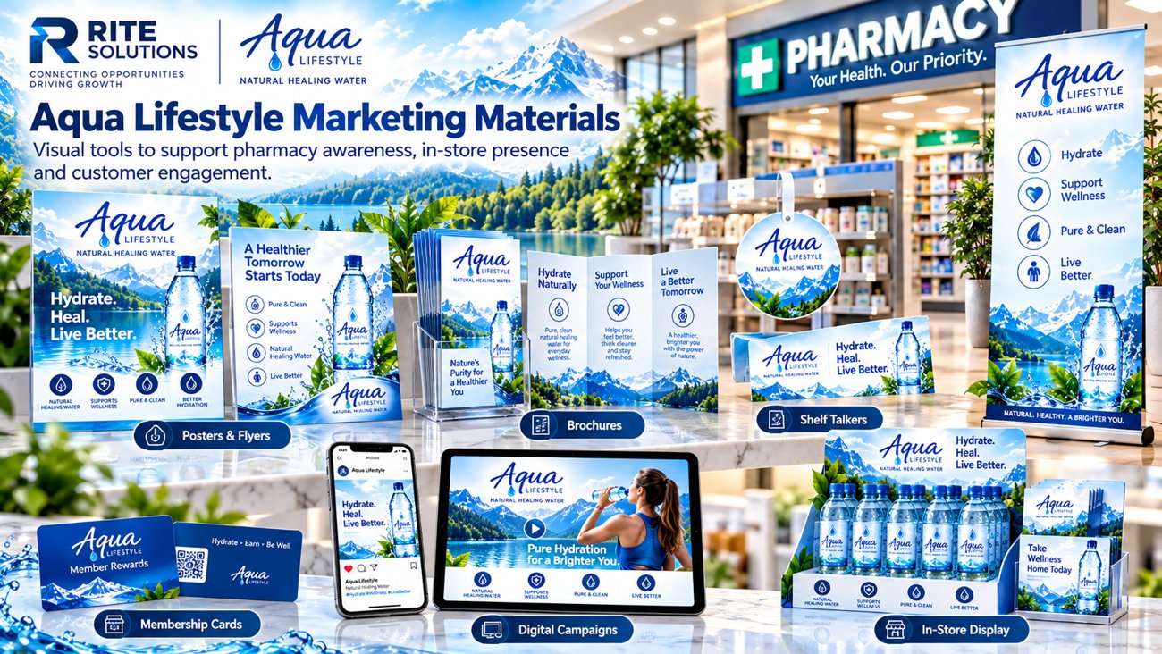 Aqua Lifestyle proposed marketing concepts including posters, brochures, shelf talkers and digital campaign graphics